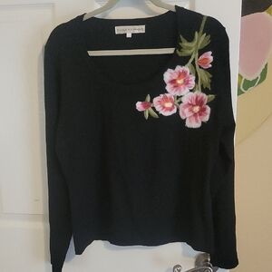 Nicole Alexander vintage scoop neck sweater pink embroidred Floral Accents SzLG